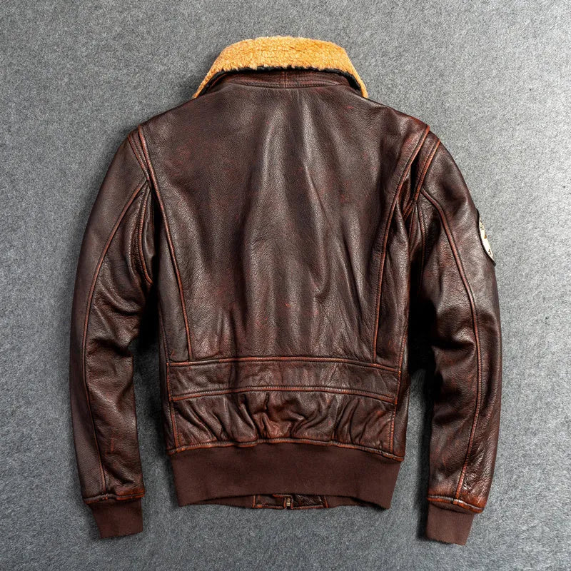 Men's genuine top layer cowhide leather motorcycle jacket in dark brown, with detachable collar and ribbed hem, shown front view