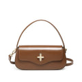 Genuine leather women's baguette handbag with lock detail and double shoulder straps