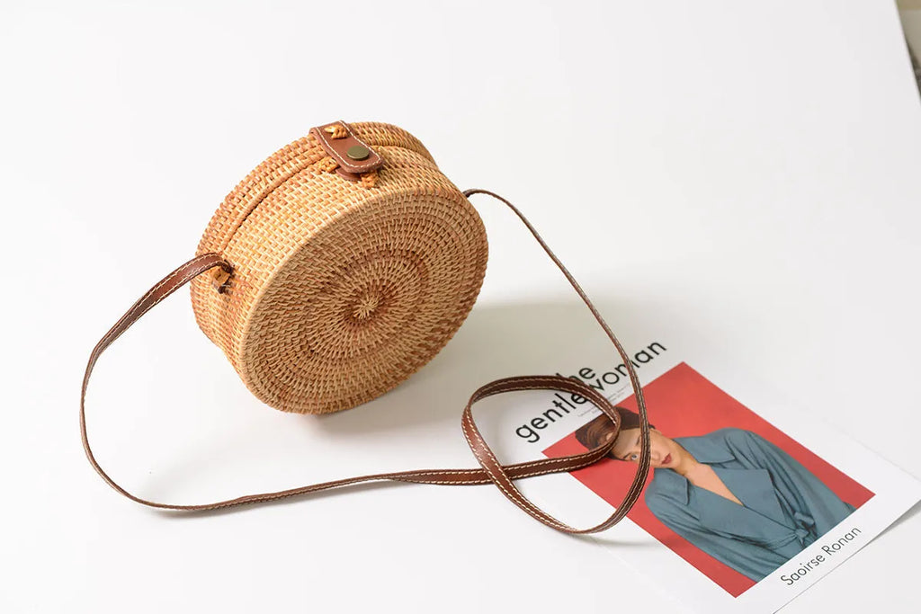 Handmade round bohemian straw crossbody bag with leather strap for summer