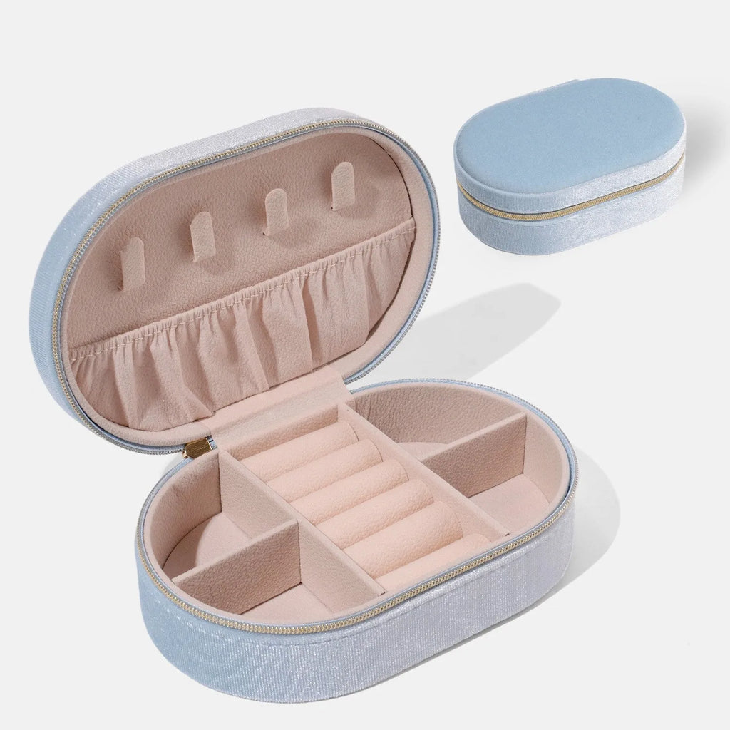 Korean style oval velvet jewellery storage box in lake blue with flannel interior