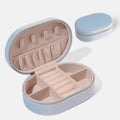 Korean style oval velvet jewellery storage box in lake blue with flannel interior
