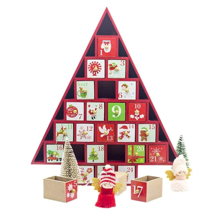 Wooden Christmas calendar with 24 red and green compartments for advent countdown, 37x32x6 cm