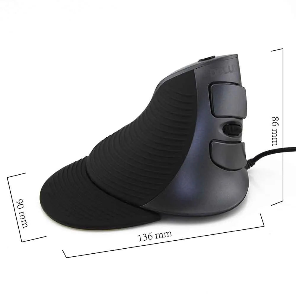 Black and white vertical ergonomic wired computer mouse showing handshake grip position