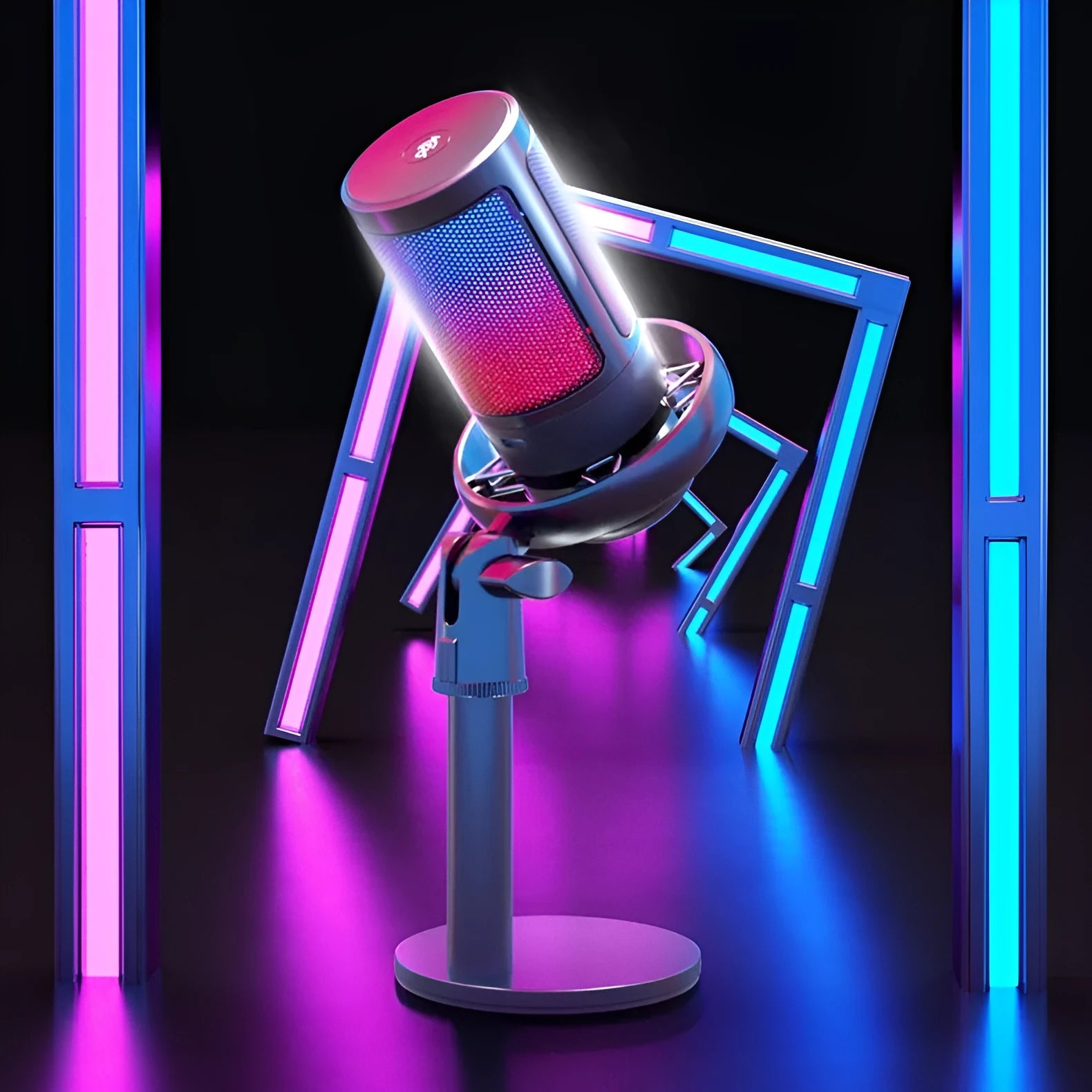 USB condenser microphone with colourful RGB lighting on a black cantilever arm, for desktop streaming and recording.