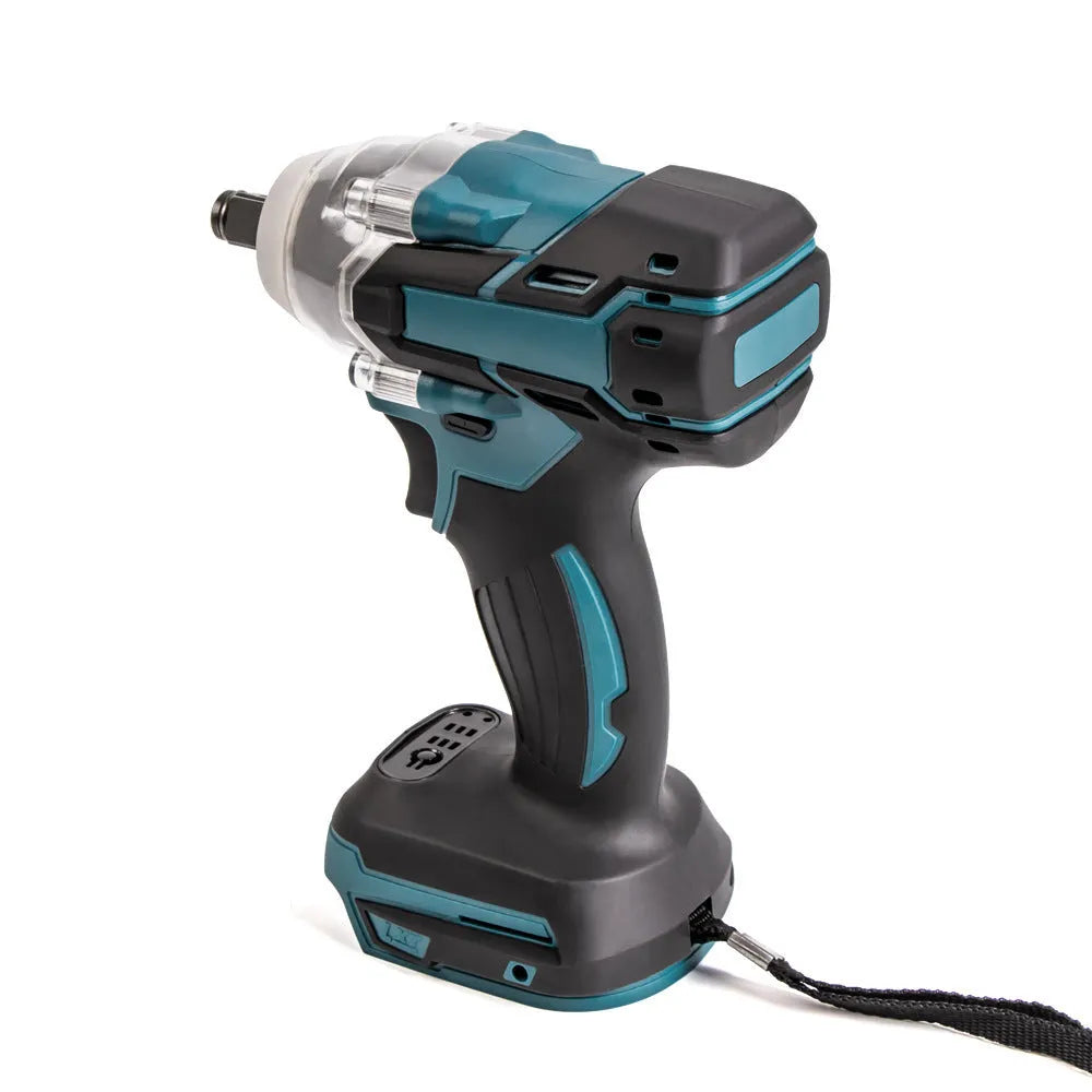 Dual use brushless electric impact wrench orange colour with lithium battery and driver head sj1000 on grey background