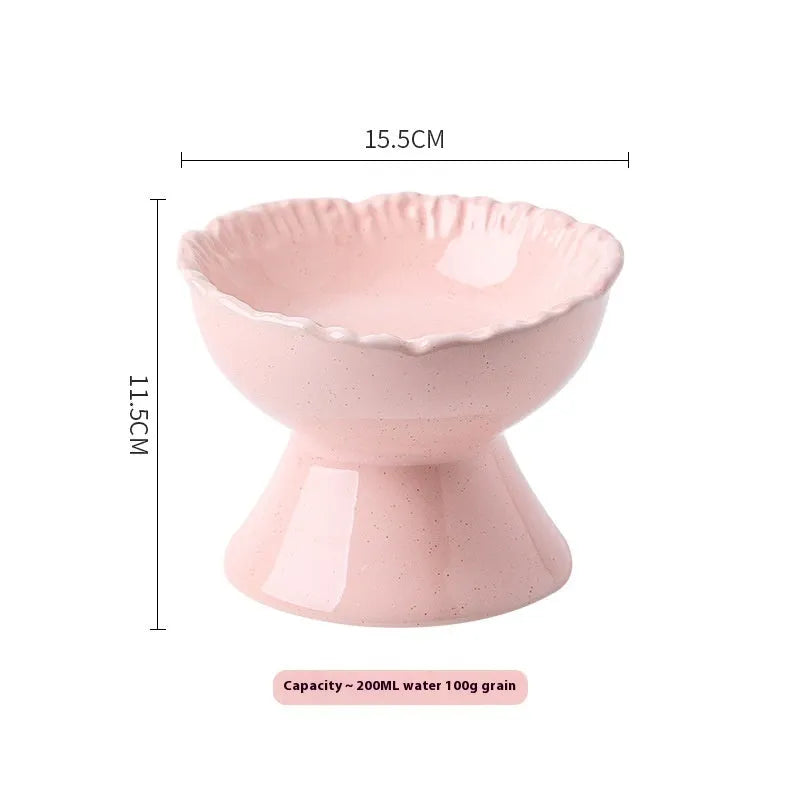 Anti-tumble large diameter ceramic pet bowl for cats in beige, side view