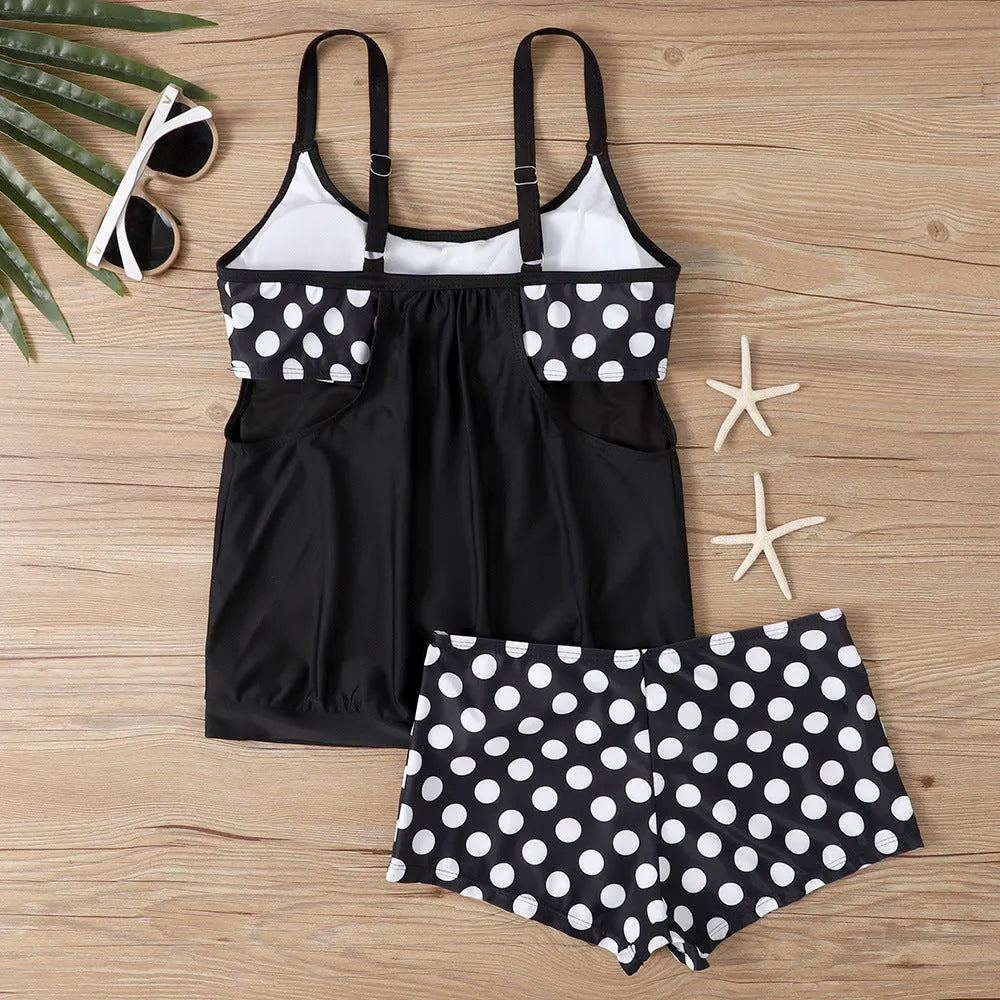 Women's high-waisted polka dot swimsuit boxer briefs in polyester fabric, shown in multiple colours.