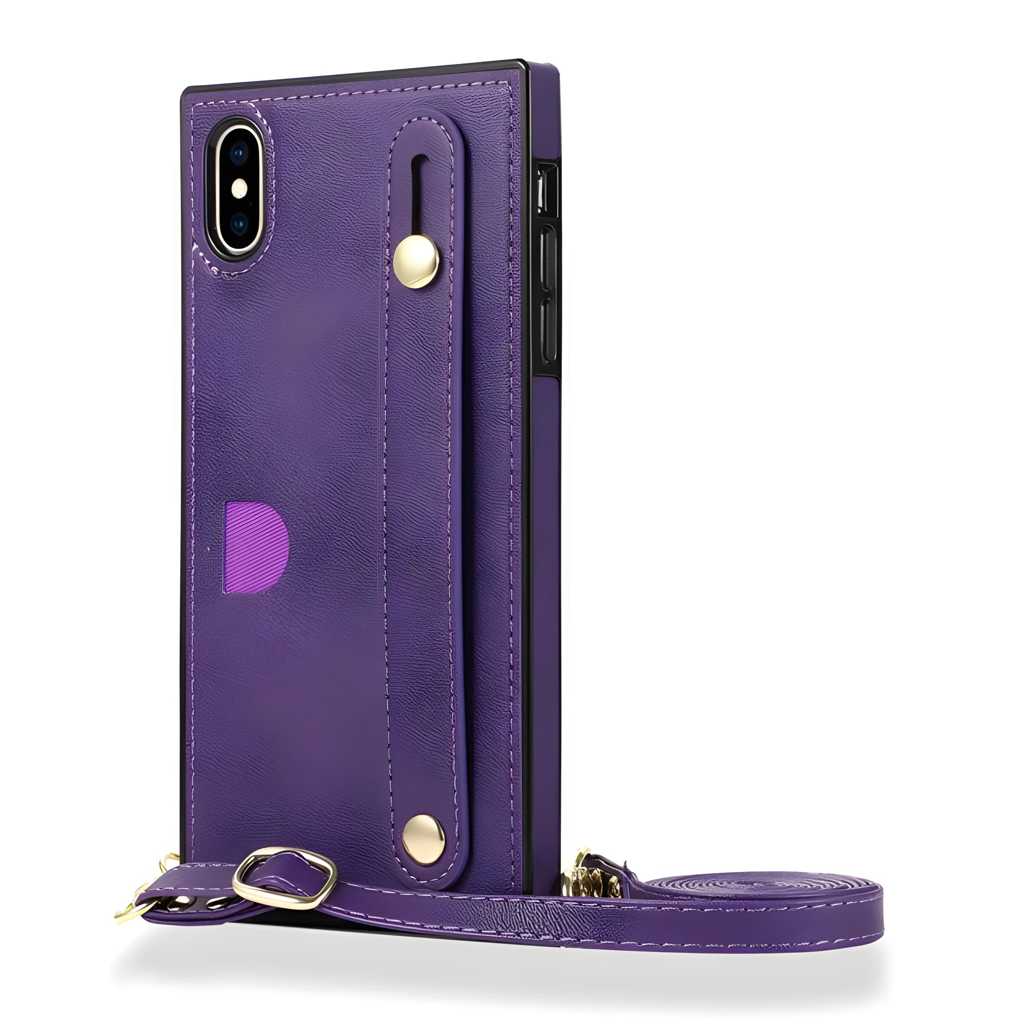 Leather iPhone case with card holder compartment and attached wristband holster in multiple colour options