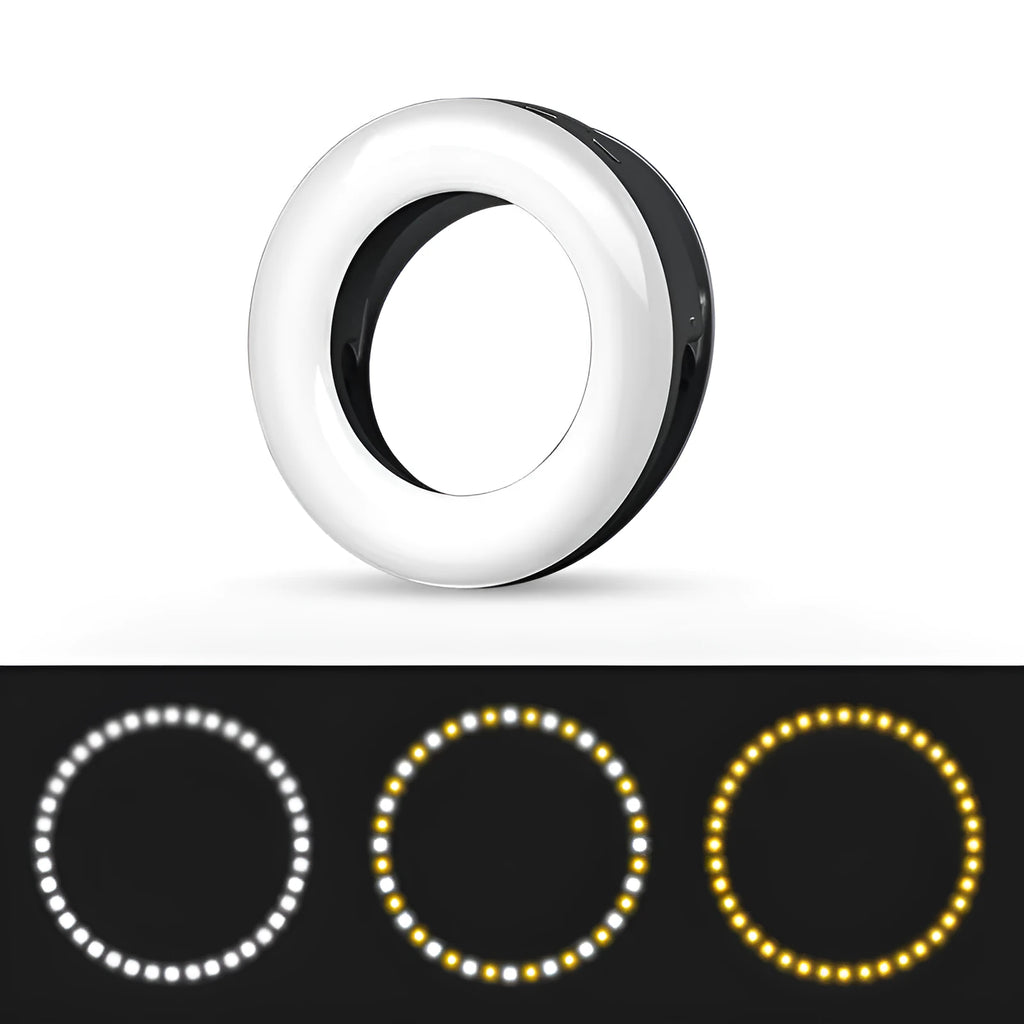 Compact black LED ring light for mobile phone photography with USB cable.