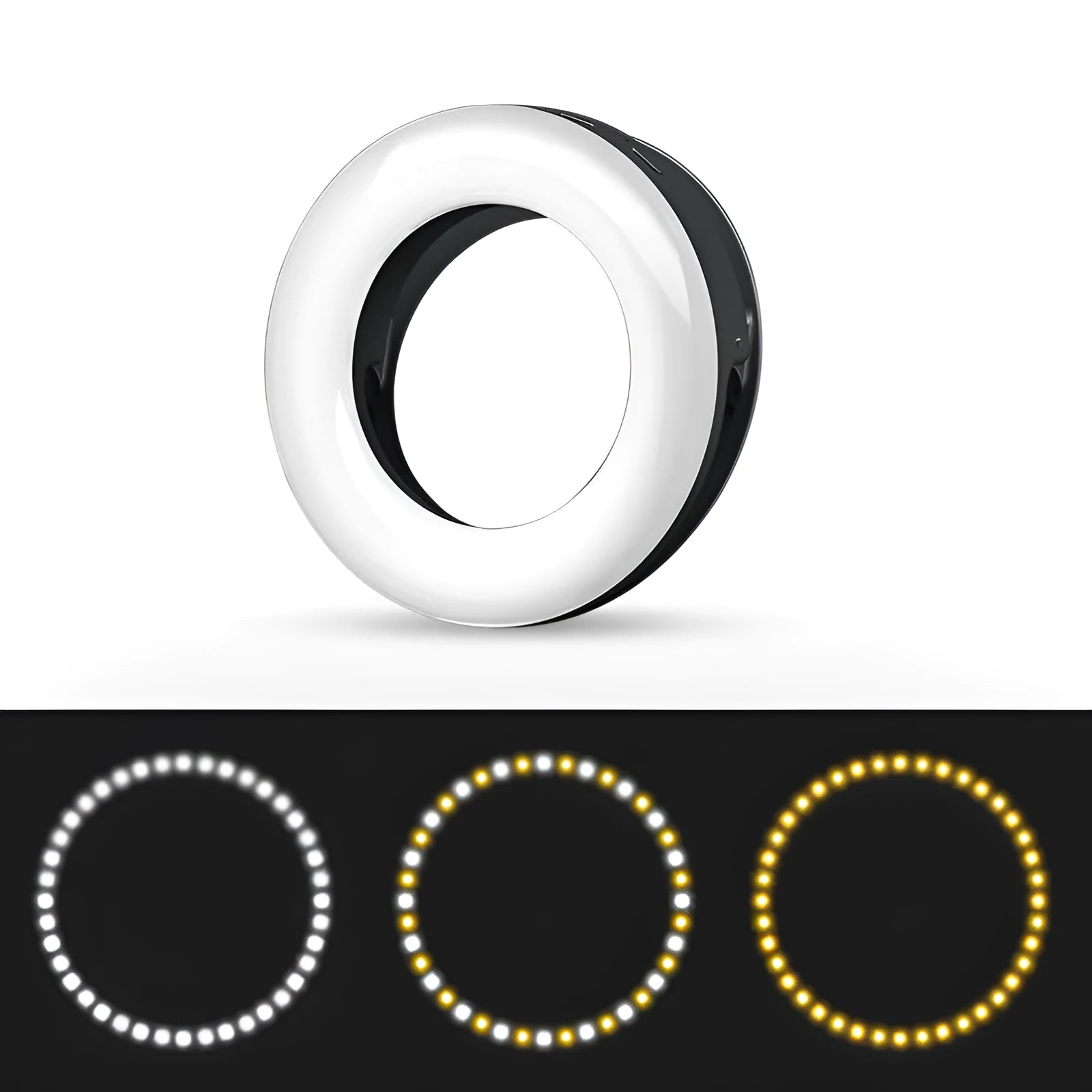 Compact black LED ring light for mobile phone photography with USB cable.