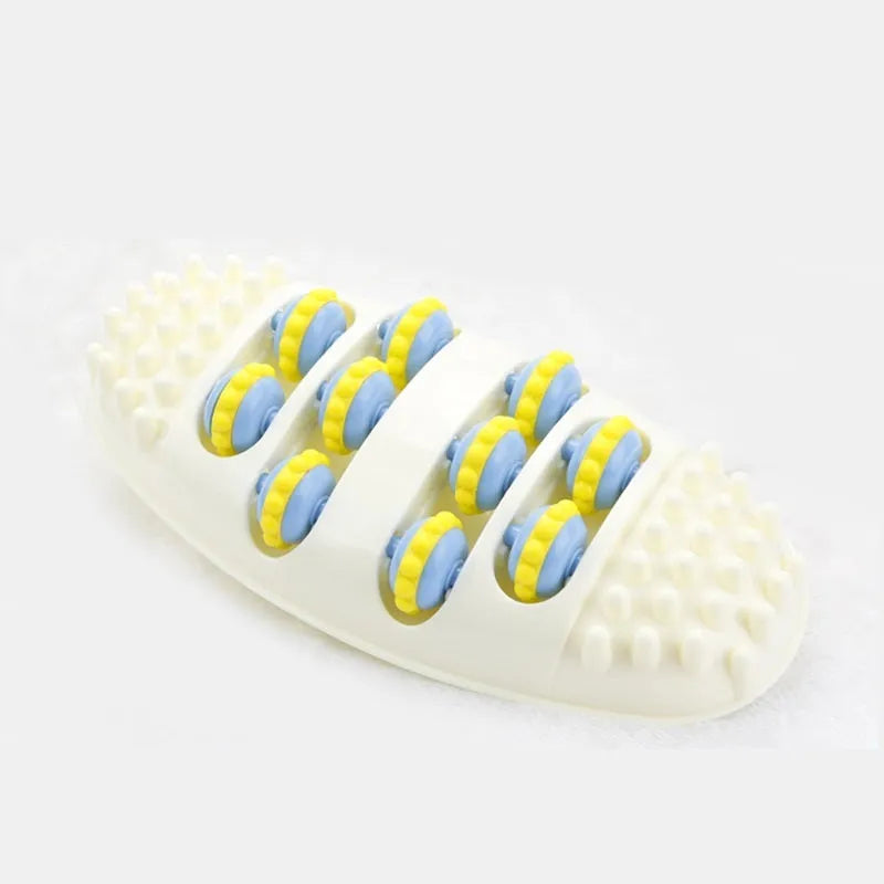 White plastic foot acupressure massager roller with ridged surface for plantar fasciitis and arch pain relief