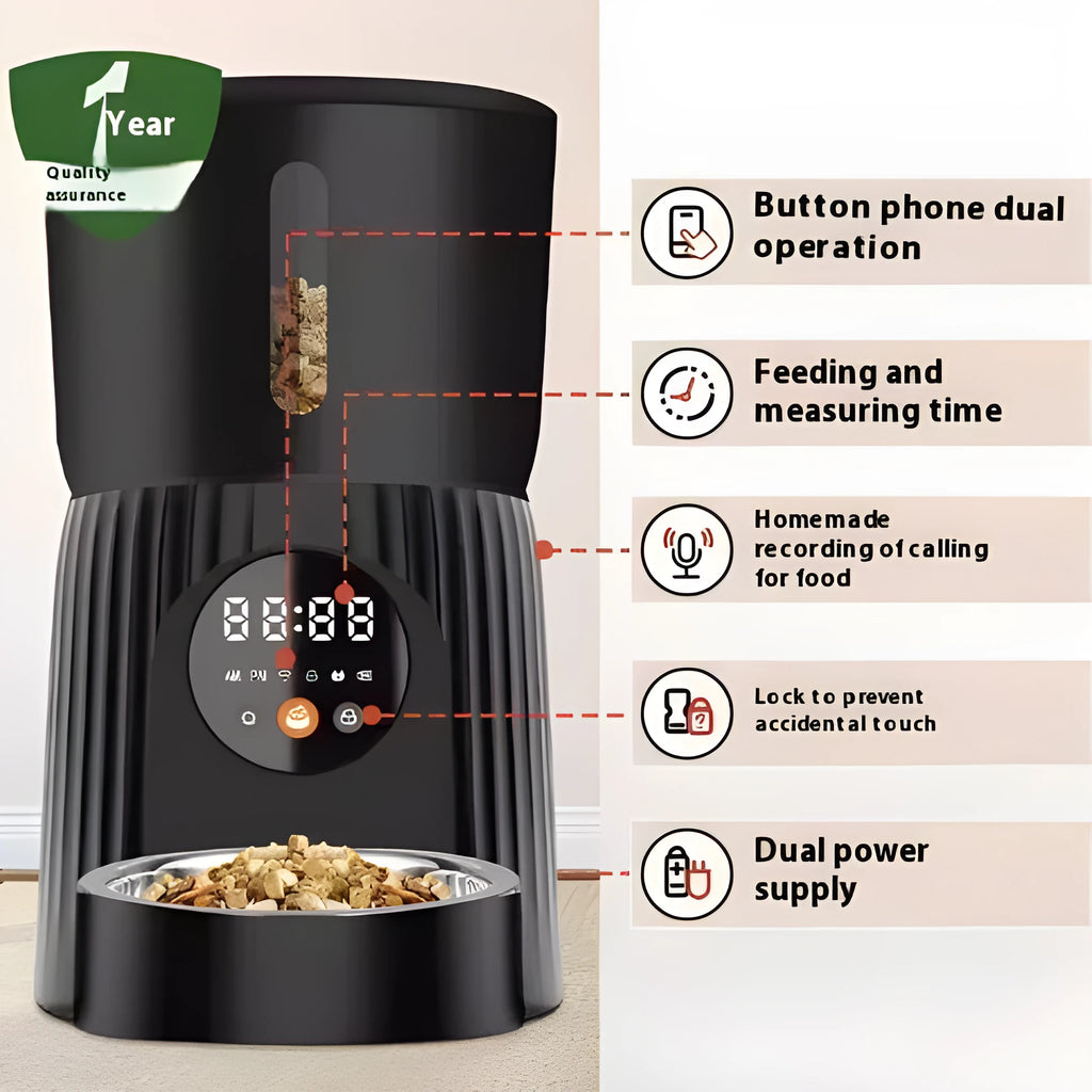 Black and white automatic pet feeder with digital display, food hopper, and USB cable.