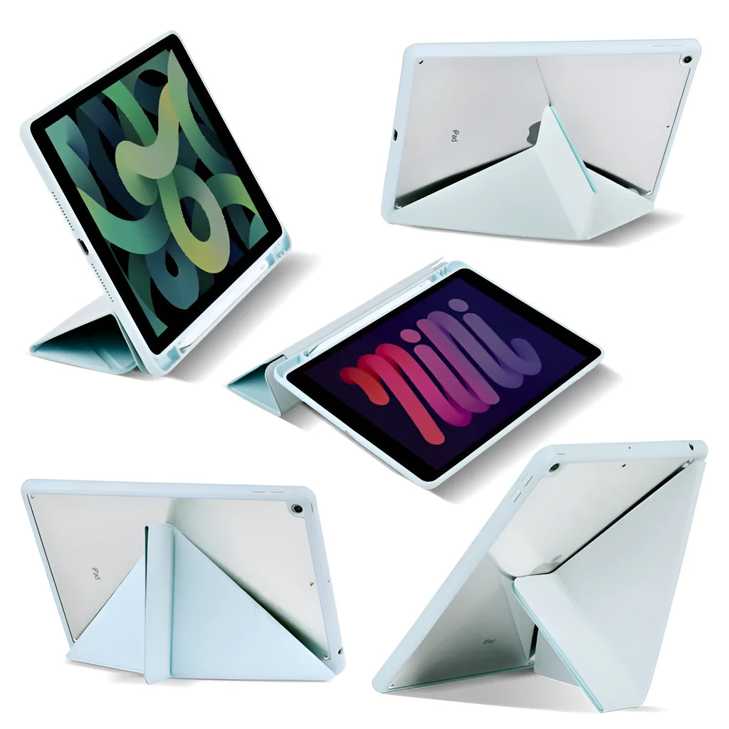 Acrylic Y-folding protective case for iPad with integrated pen slot, shown in dark grey.