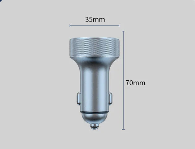 Black aluminium car charger with digital display showing three charging ports