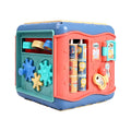 Baby educational hexahedron cube with six learning activities showing bead maze, gears, and shape sorting