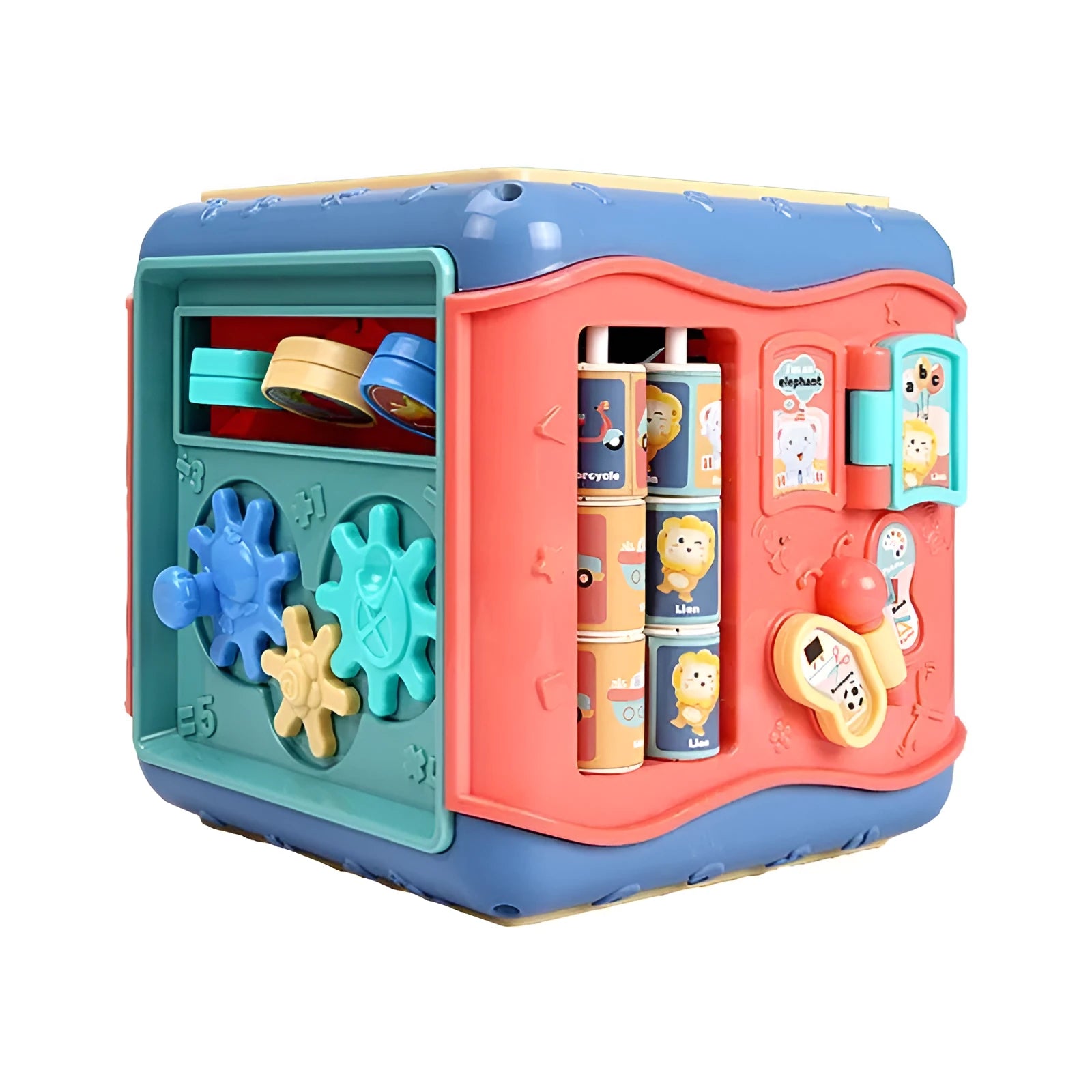 Baby educational hexahedron cube with six learning activities showing bead maze, gears, and shape sorting