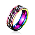 Silver stainless steel rotating ring for men with geometric shape on white background