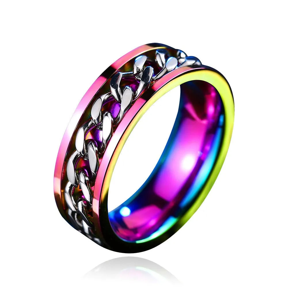 Silver stainless steel rotating ring for men with geometric shape on white background