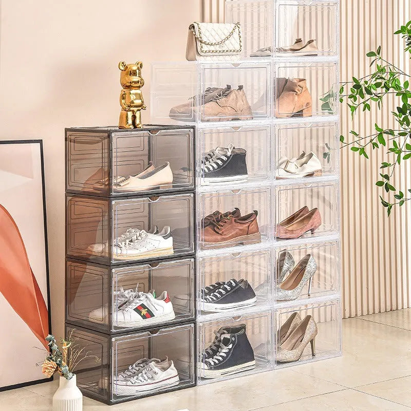 Large transparent acrylic shoe storage box with a magnetic side door open, showing interior space.