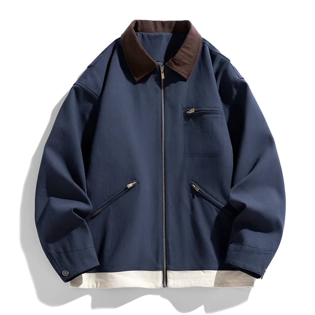 Korean style men's workwear jacket with contrast lapels in loose fit with side pockets