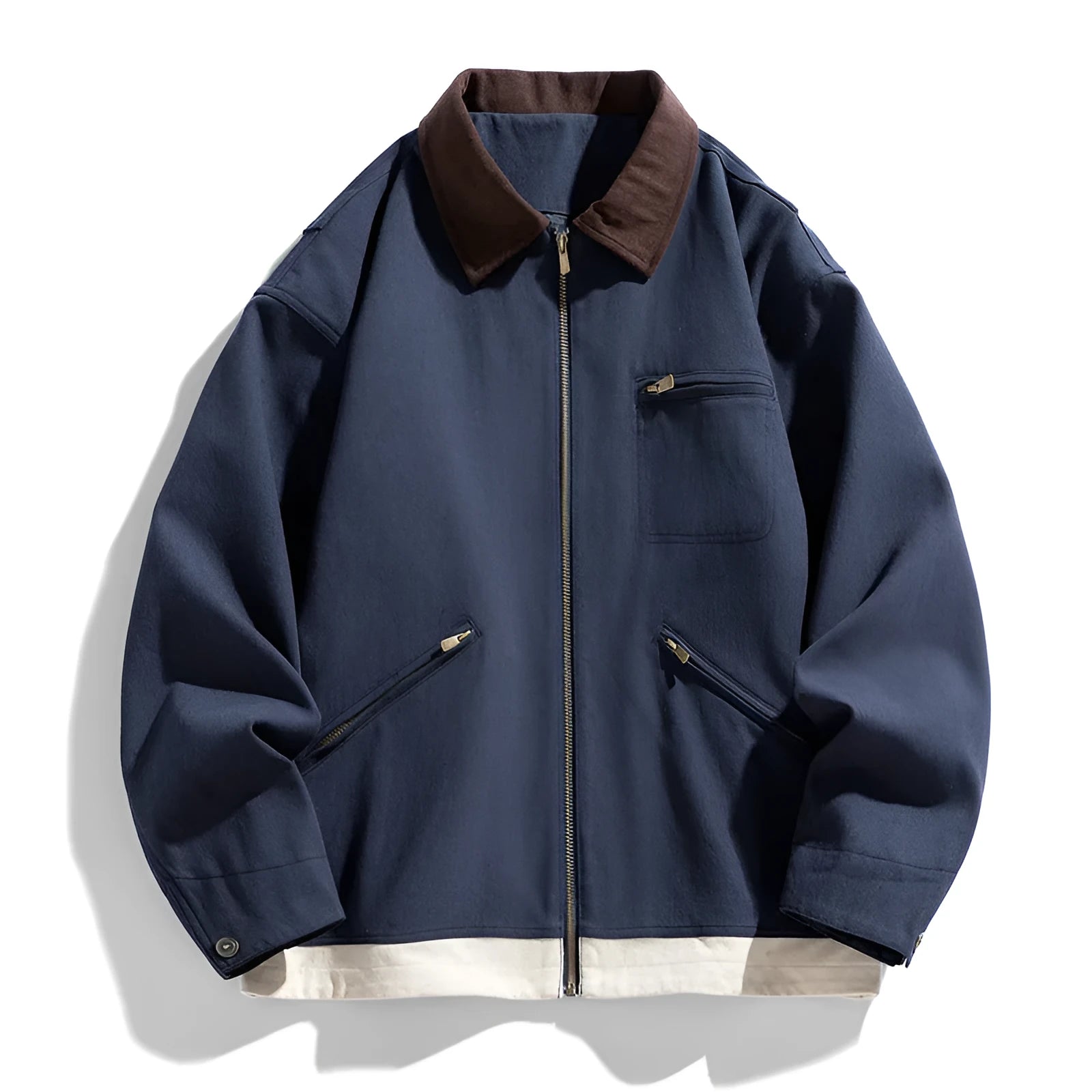 Korean style men's workwear jacket with contrast lapels in loose fit with side pockets