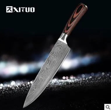 Stainless steel kitchen knife with coloured wood handle and laser Damascus pattern on the blade