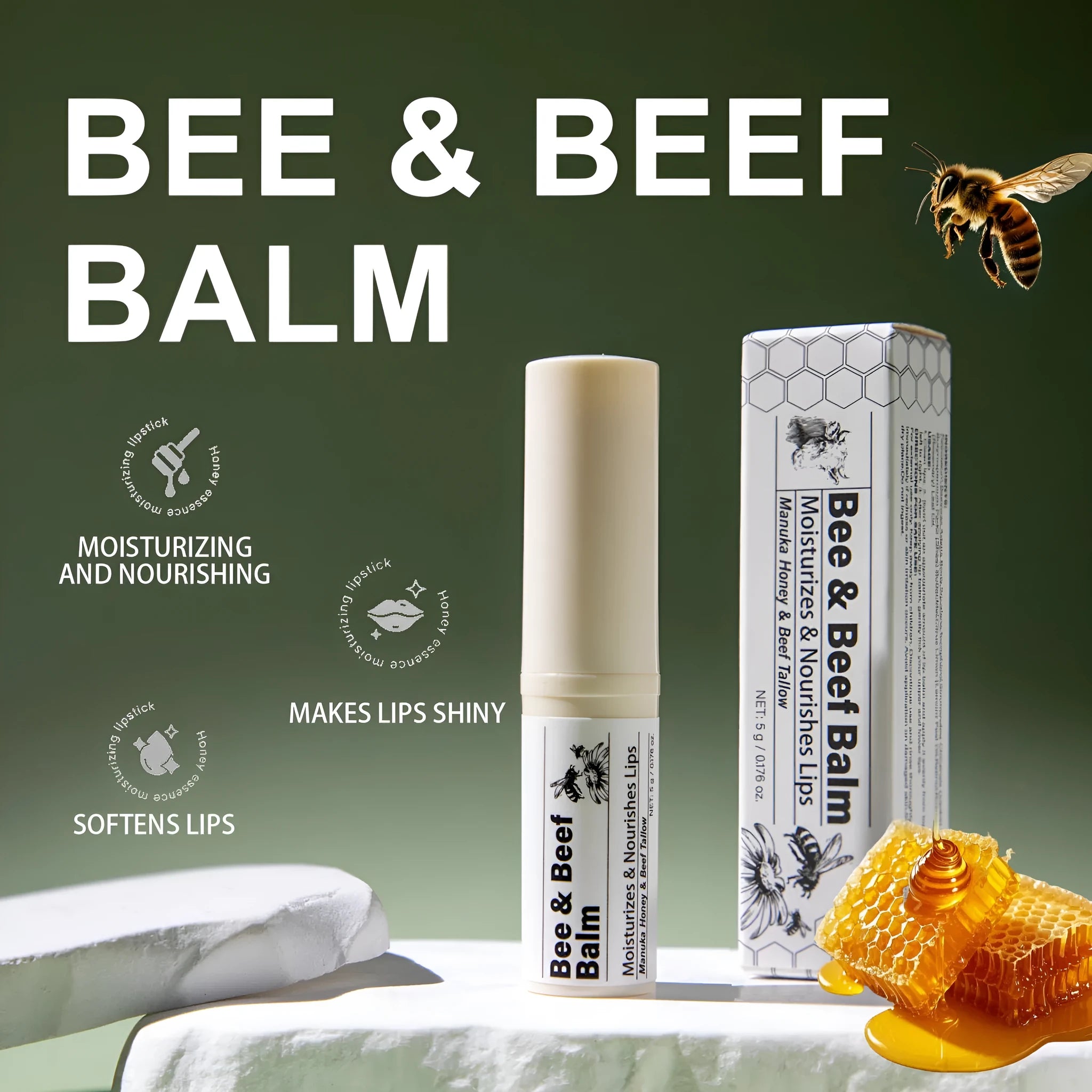 Beef fat lip balm tube with organic grass-fed butter, 83mm by 19mm dimensions