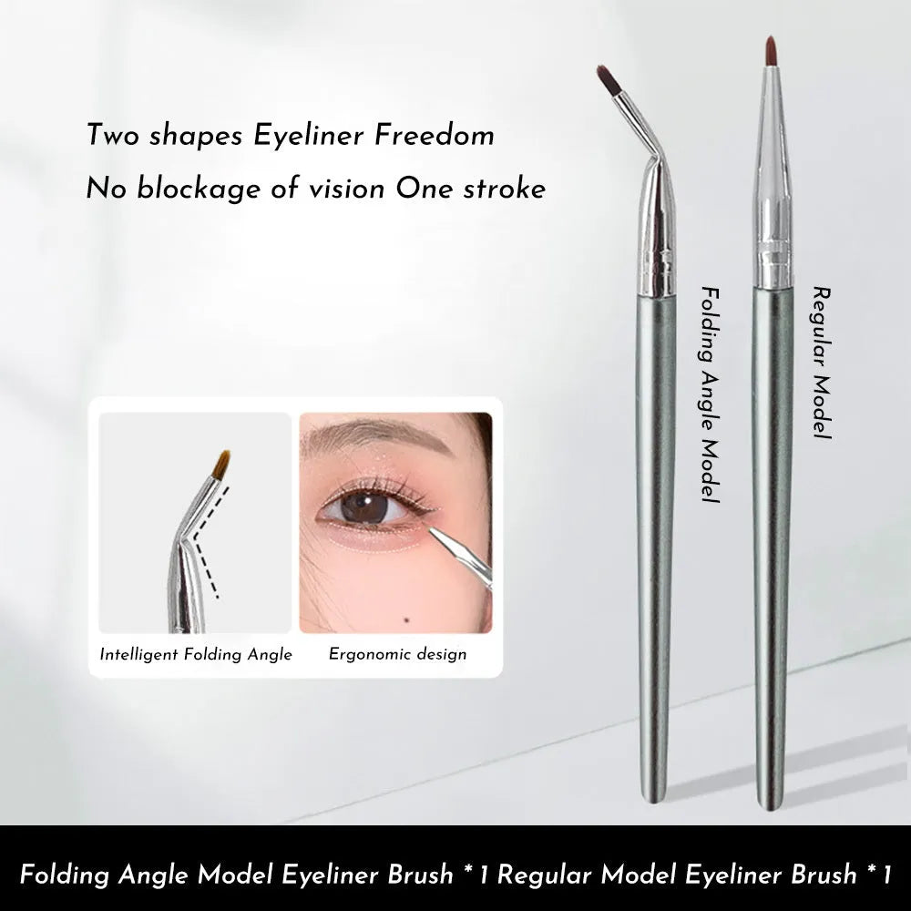 Close-up of an angled bend head eyeliner brush with a fine tip for detailed eye makeup application.