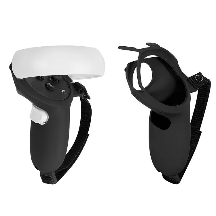 Black silicone VR accessory set showing glasses protective cover, eye mask, and controller handle grips.
