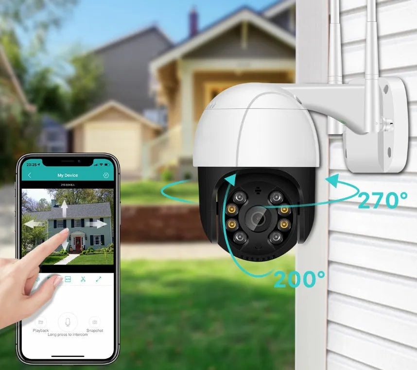 Wireless white PTZ surveillance camera ball machine with dual antennas on ceiling mount