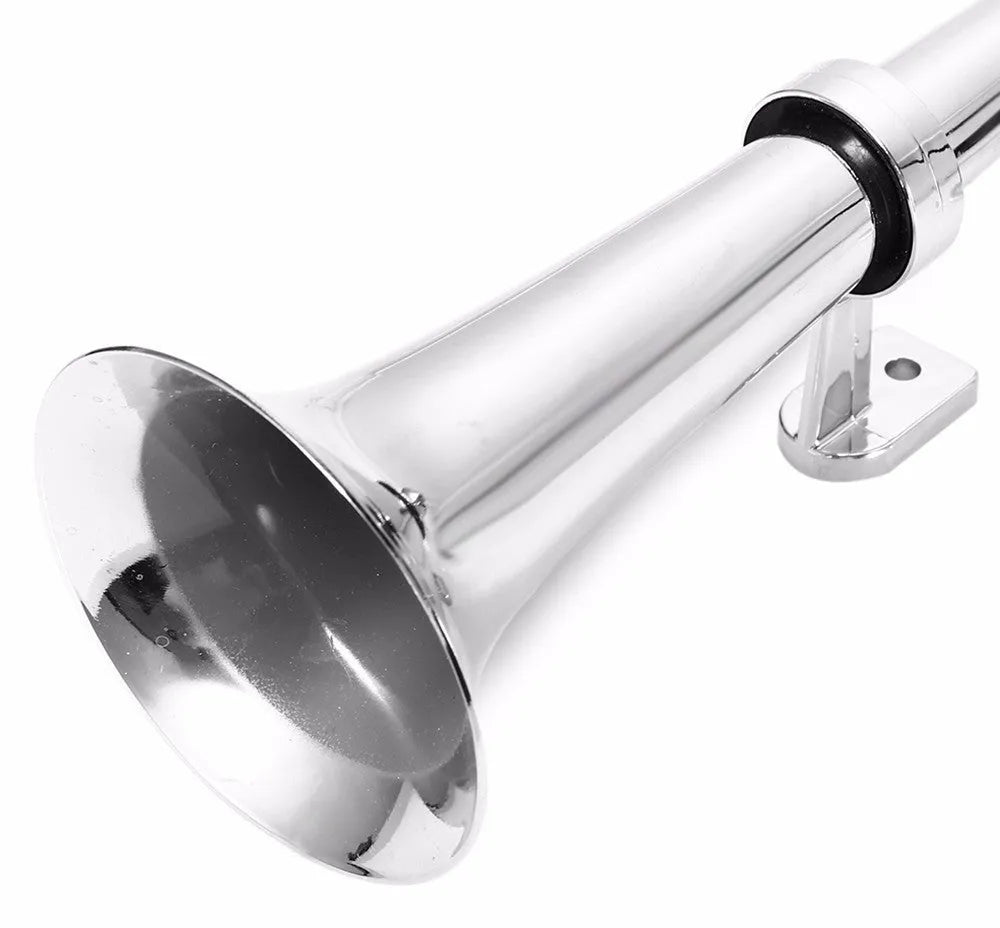 Single trumpet loud car horn with chrome finish, 450mm length, 12V for vehicles