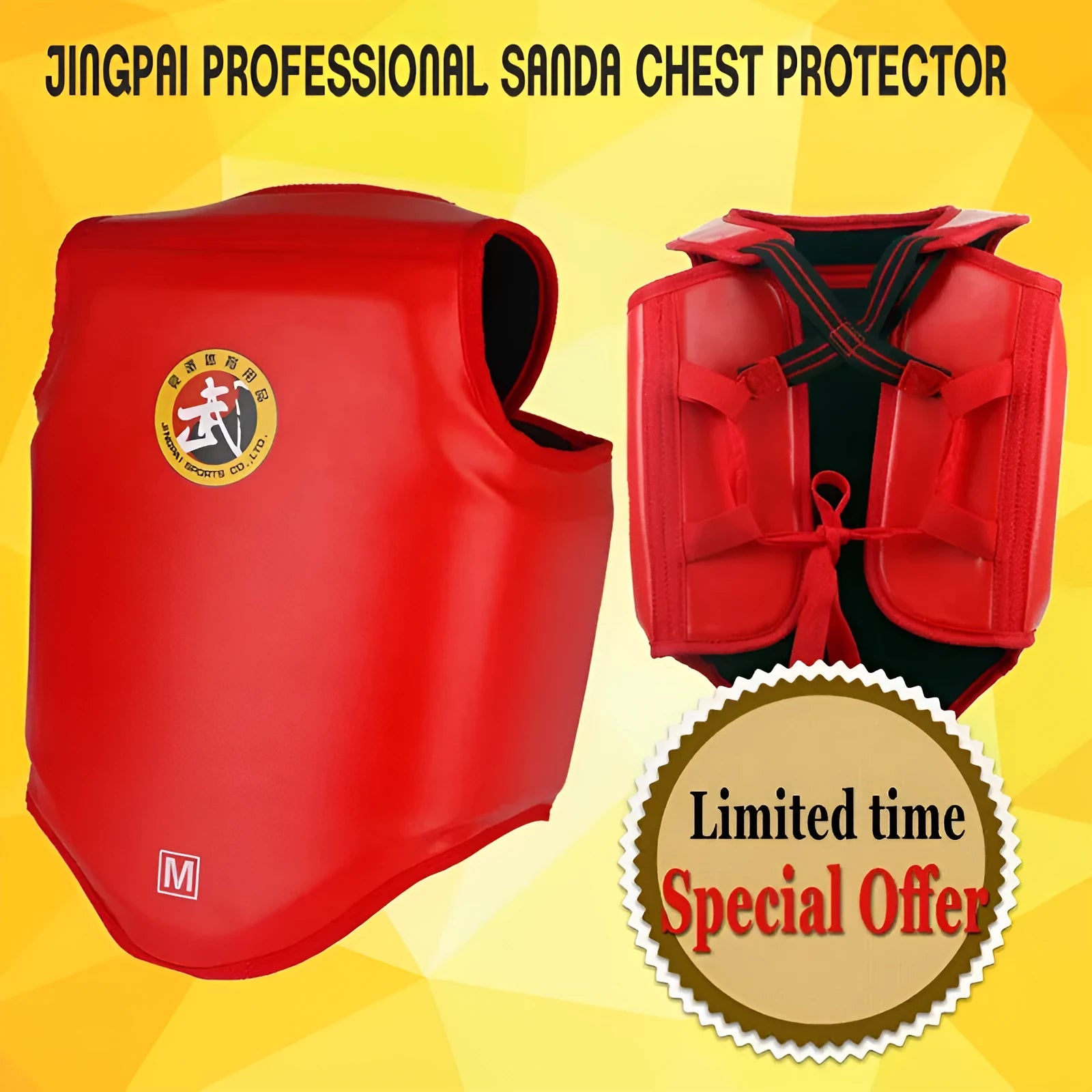 Red boxing helmet and one-piece chest protector set for fighting training
