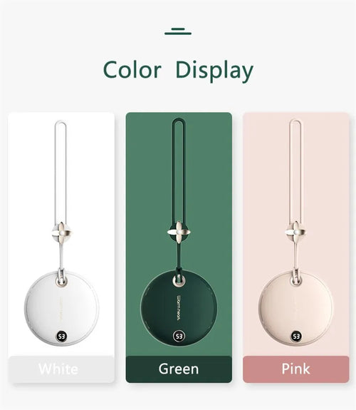 Green 5000mAh power bank hand warmer with digital display shown next to its charging cable.