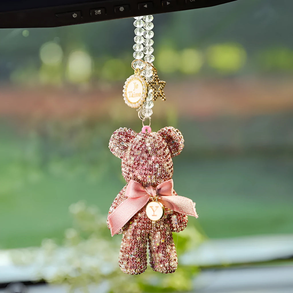 Violent bear car rearview mirror pendant with crystal rhinestones in black, white, and pastel colours