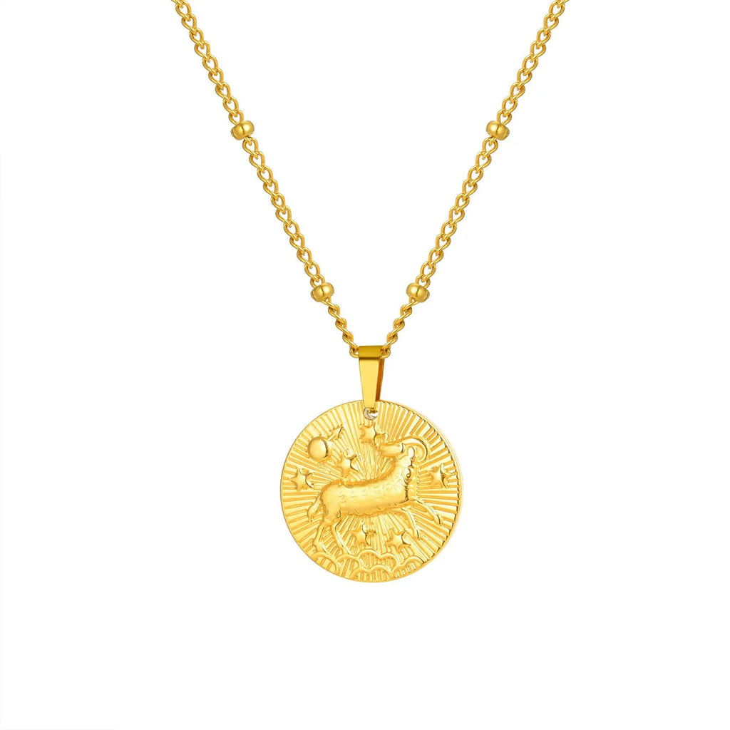 Stainless steel cross chain necklace with a geometric round bead pendant embossed with a zodiac constellation design.