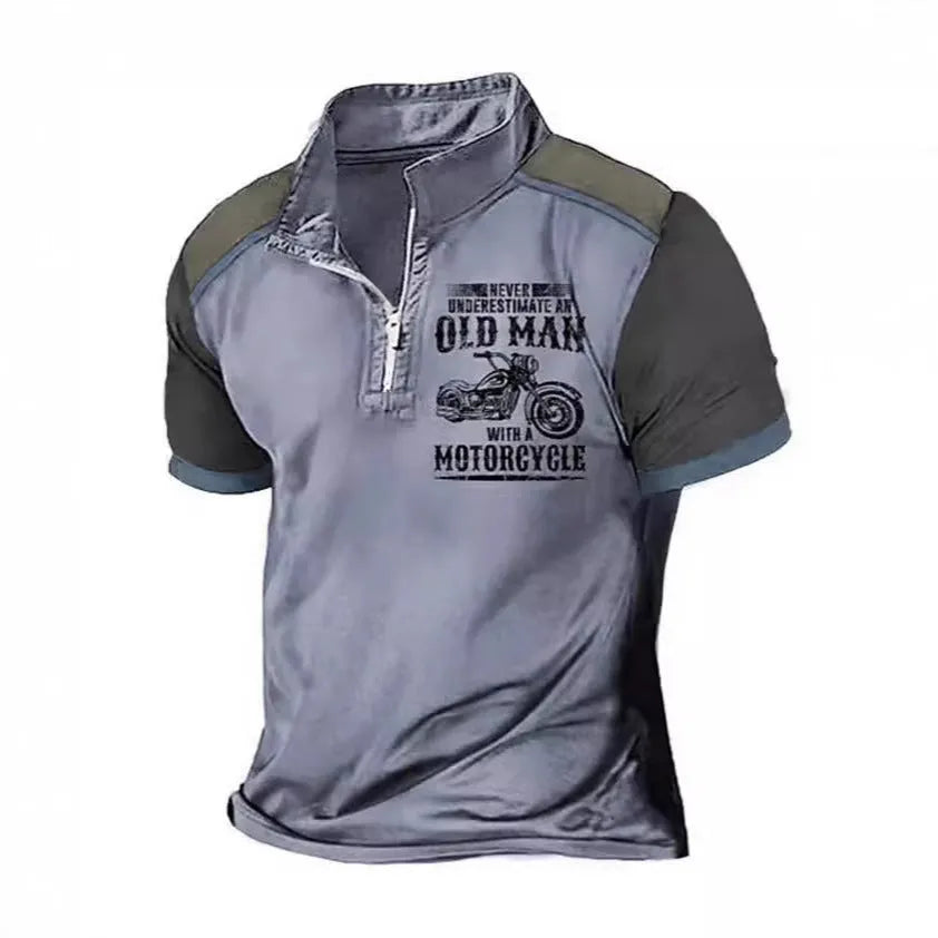Men's casual lapel collar polo shirt with a digital letters pattern and zipper details on the front.