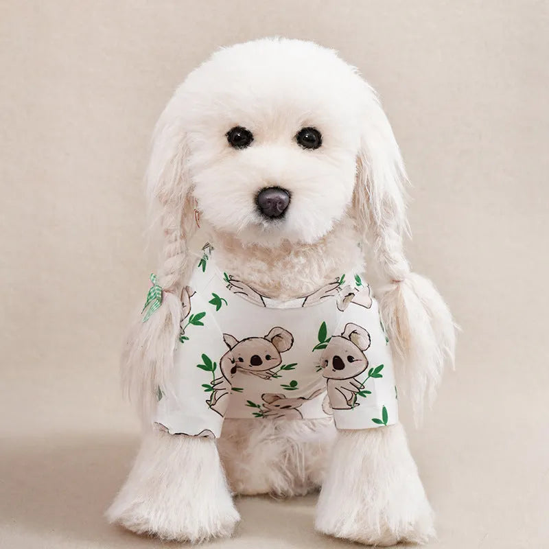 Casual printed polyester T-shirt for a small dog on a green background, showing the colourful design.