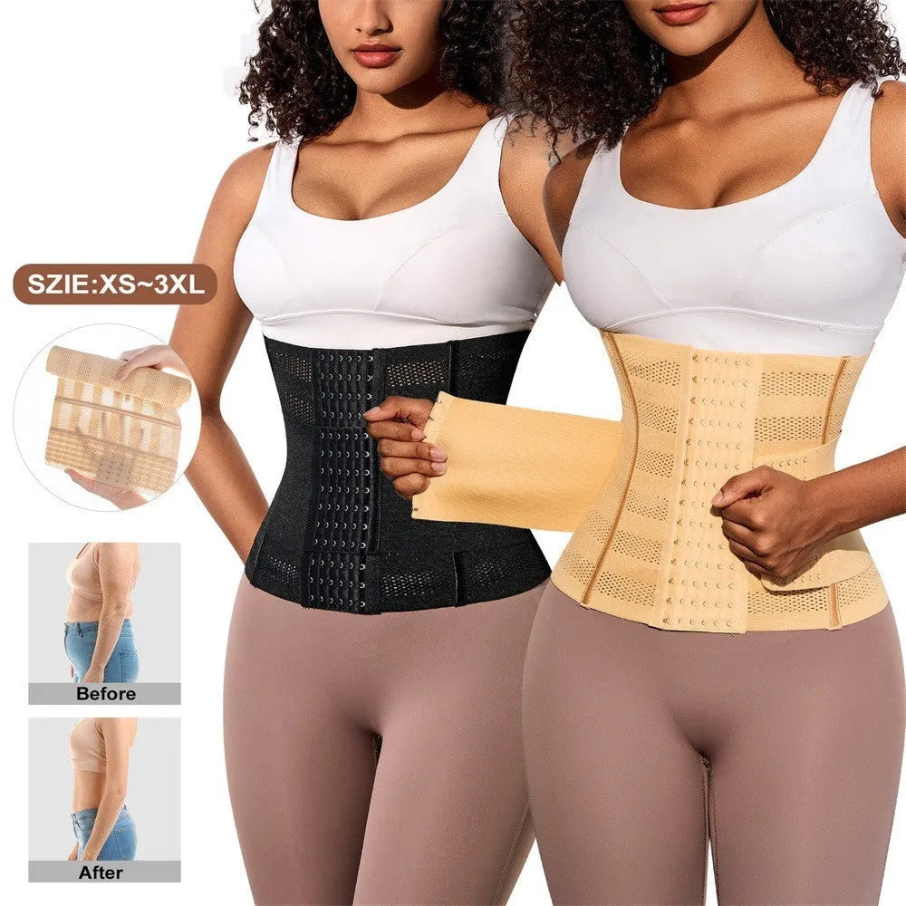 Nylon belly band with double-layer reinforcement and drawstring, available in 23cm or 27cm width, black or apricot.
