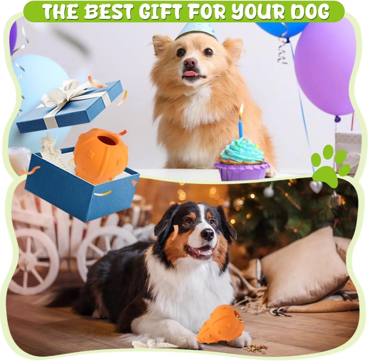 Natural rubber stuffable dog toy with long strap for fetch and treat dispensing