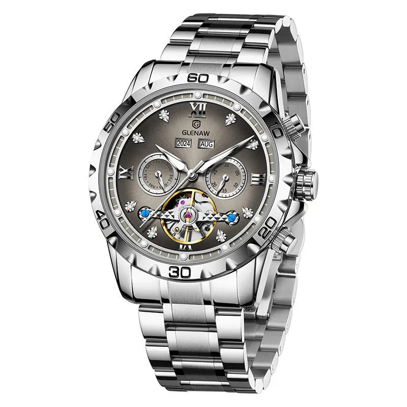 Men's automatic mechanical watch with stainless steel strap and silver case.