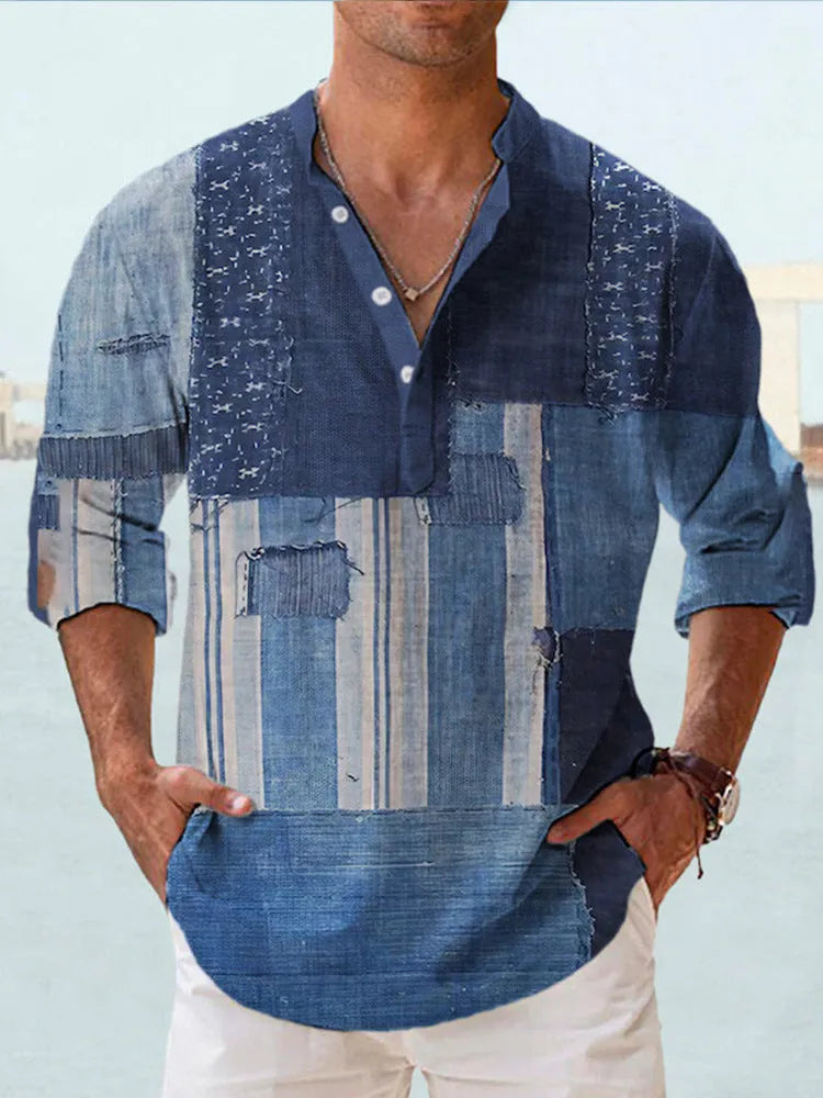 Man wearing a thin, striped Hawaiian-style long sleeve casual shirt in a digital bamboo linen fabric.
