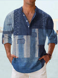 Man wearing a thin, striped Hawaiian-style long sleeve casual shirt in a digital bamboo linen fabric.