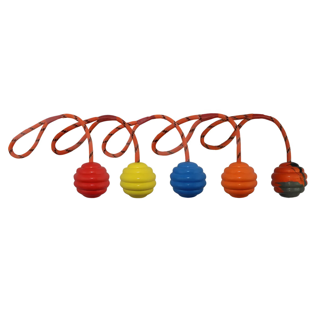 Red rubber dog chew ball with blue rope knot, measuring 6x30cm.