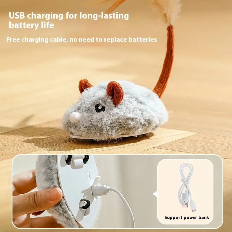 Electric mouse cat pole toy with plush mouse on charging pole in pink, gray, or purple