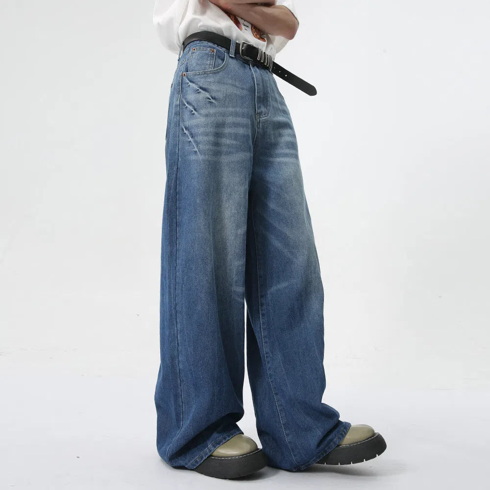 Men's summer loose straight jeans in light blue cotton fabric, full-length trouser style