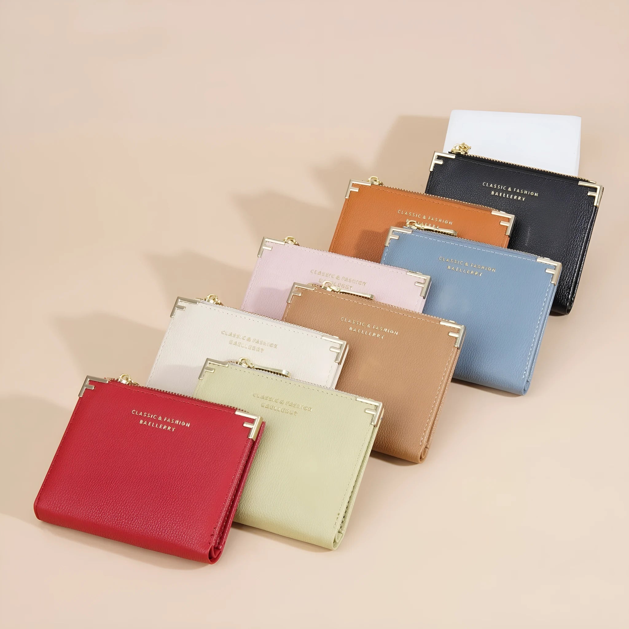 PU leather women's wallet open to show multiple card slots and a zippered coin compartment.