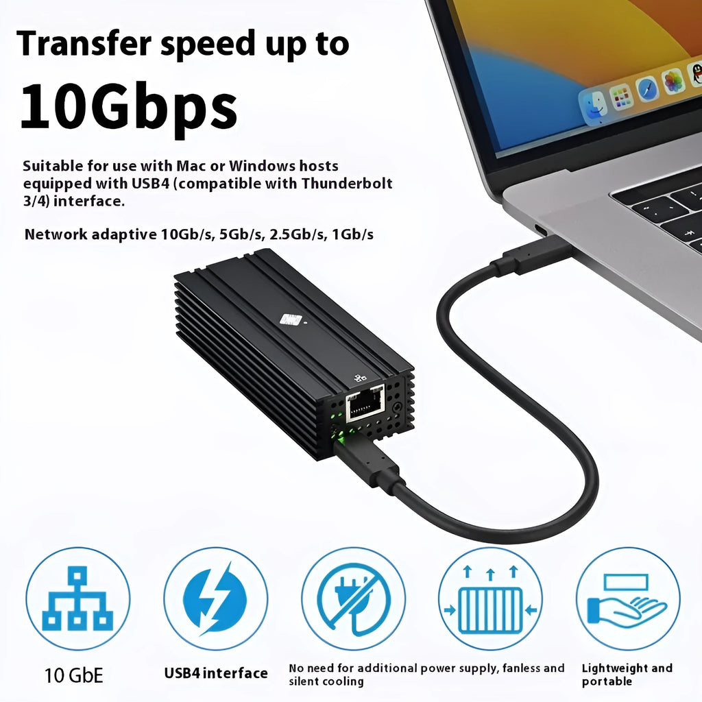 Black USB4 10 Gigabit Ethernet adapter with 20cm cable and RJ45 port