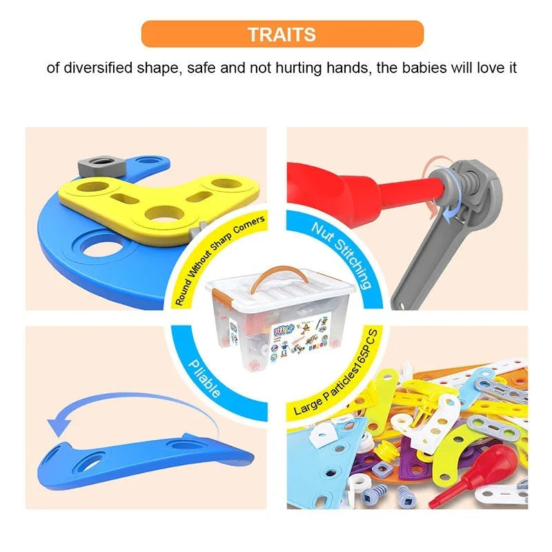 10-in-1 DIY soft silicone building blocks engineering vehicle and robot assembly model with screw tool in cartoon suitcase