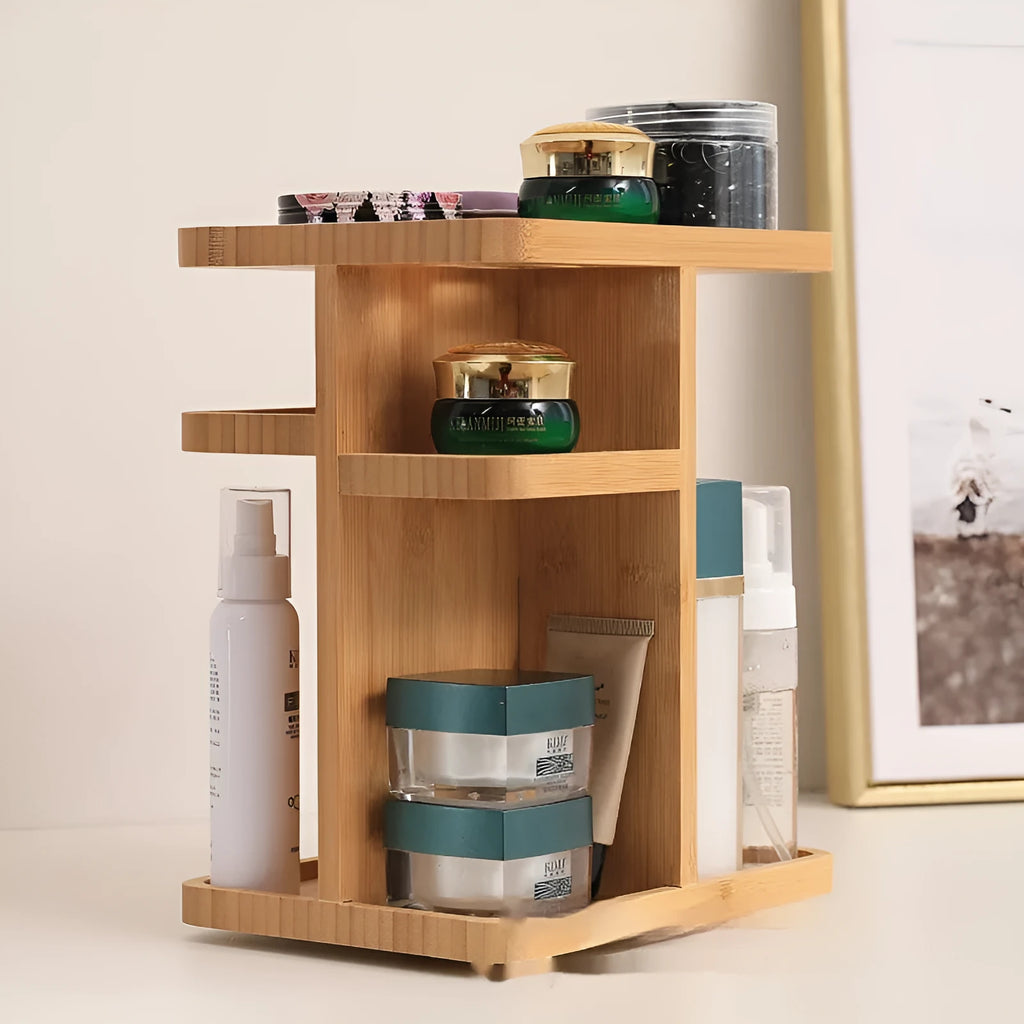 Bamboo rotary storage rack with multiple shelves showing 18 litre capacity
