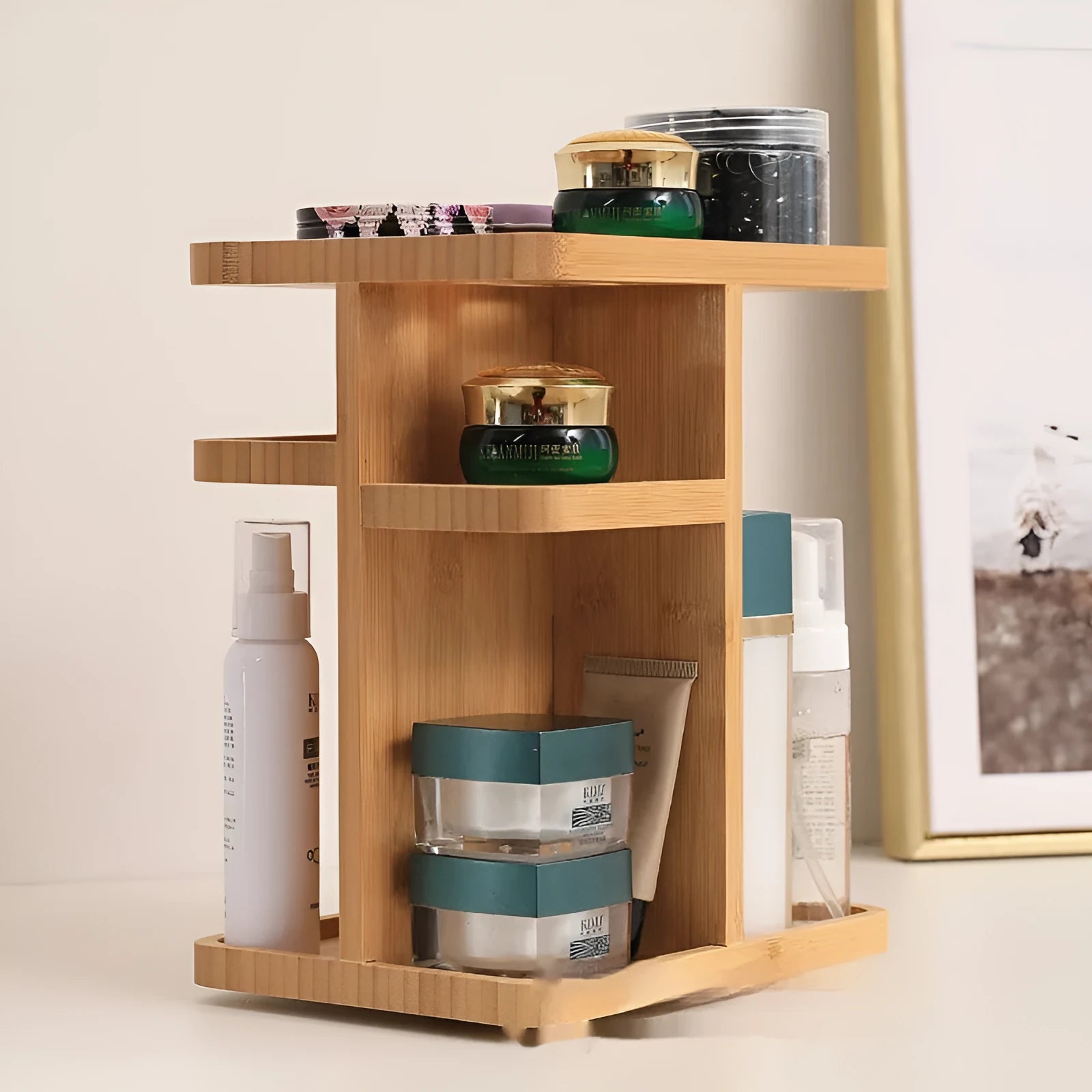Bamboo rotary storage rack with multiple shelves showing 18 litre capacity